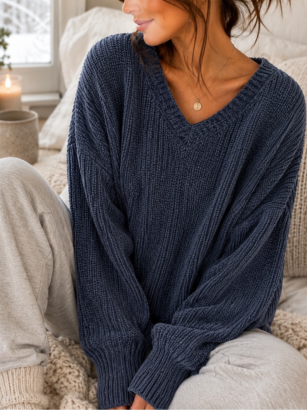 Urban Outfitters Oversized Sweater Chenille Slouchy V-Neck Navy Size Small